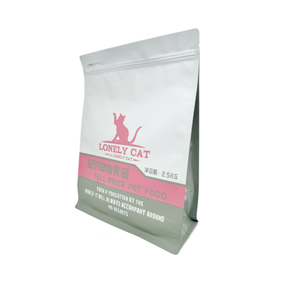 Buy 2500g Custom Matte White 8 Sides Seal AL Foil Coated Square Box Bottom Pet Food Packaging Bags with Easy-open Zipper online manufacture