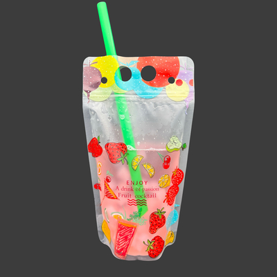 Buy Summer Colorful Fruit Frosted Plastic Resealable Drink Pouches With Straw Holes Hanging Holes For Iced Juice online manufacture