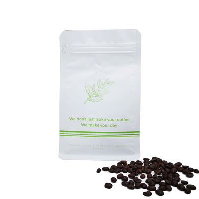 Buy Custom Printed 340 Grams 12oz Matte White Flat Bottom Coffee Bag With Valve Front Tear Off Ziplock online manufacture