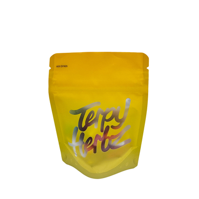 Buy Matte Yellow Gradient One Side Foil One Side Clear Stand Up Pouch Bags 3.5 G Weedwith Childproof Zipper online manufacture