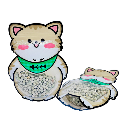 Buy Custom Fat Cute Cat Shape Cut Printed Stand Up Bags with Ziplock on Top and Clear Window for Snacks Food Packaging online manufacture