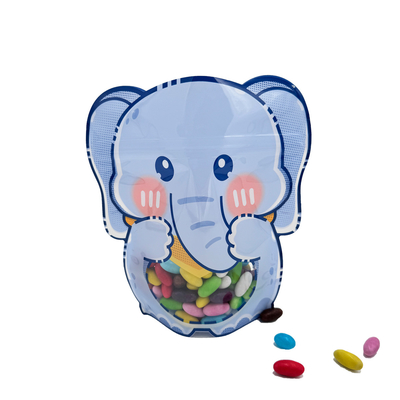 Buy Custom Printed Elephant Shape Die-Cut Stand Up Pouches with Zip Lock and Clear Window for Kids Snacks, Candy Packaging online manufacture