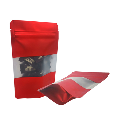 Buy Passionate Red Matte Metallic Foil Back Stand Up Reusable Snack Bags with Zipper and Window for Party Business online manufacture