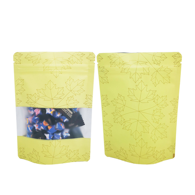 Buy Yellow Maple Leaf Design Foil Coated Smell Proof Stand Up Zipper Pouch Bags with Matte Clear Window for Food Packaging online manufacture