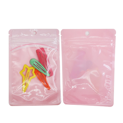 Buy Custom Printed Pink Color One Side Clear Pouch Plastic Bags with Zipper with Hanging Hole for Candy, Cookie, Accessories online manufacture