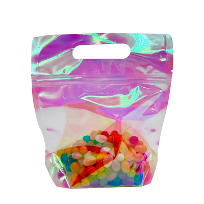 Buy Custom Pink Radiant Holographic Color Stand Up Bags with Zipper and Handle Hole for Food Accessories Packaging online manufacture