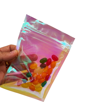 Buy Custom Pink Rainbow Color Holographic Flat Zipper Pouch 3 Sides Sealed Bags for Packing Food, Accessories, Cosmetics online manufacture