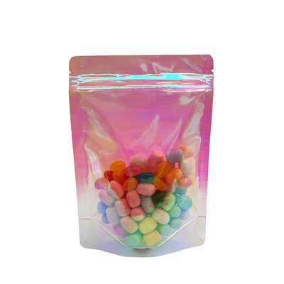 Buy Custom Rainbow Holographic Pink Color Stand Up Pouches with Resealable Zipper for Packaging Food, Candies, Accessories, online manufacture