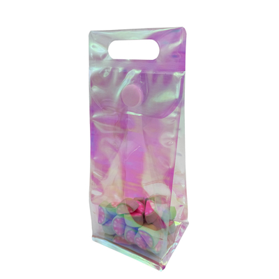 Buy Custom Holographic Pouch Pink Rainbow Clear Flat Bottom Stand Up Bags with Resealable Sticky Button for Candy Accessory online manufacture