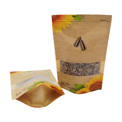 Buy Water Proof Resealable Ziplock Kraft Stand Up Pouches With Window For Sunflower Seed Nuts Food Packaging online manufacture