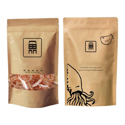 Buy Printed Stand Up Kraft Paper Bag with Zipper with Matte Clear Window for Dry Sea Food Packaging online manufacture