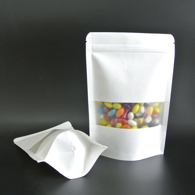 Buy Custom Printed White Stand Up Kraft Paper Bags with Matte Clear Window with Zipper for Candy, Snacks, Food Packaging online manufacture