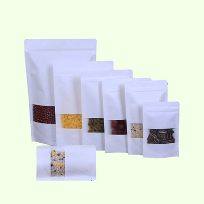 Buy Custom Printed Stand Up White Kraft Paper Bag Pouches with Ziplock Rectangular Window for Food Snacks Candy Storage Pack online manufacture