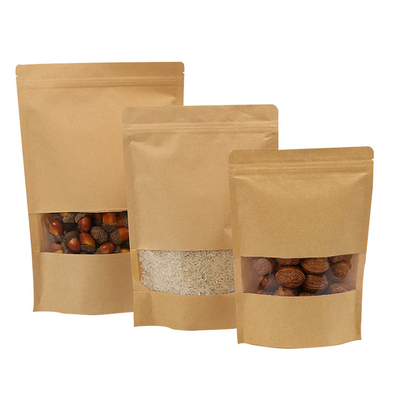 Buy Kraft PLA Bio Degradable Stand Up Pouch Bags With Clear Window And Ziplock For Dry Fruits Snack Grains online manufacture
