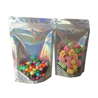 Buy Heat Seal Resealable Zipper Lock Stand Up Pouch Bags Holographic with Gusset Bottom Clear Front for Food Storage Pack online manufacture