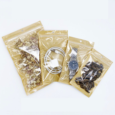 Buy 9x15cm Heat Seal Smell Proof Plastic Clear Front Brown Kraft Paper Flat Zipper Bags for Food Packaging with Hanging Hole online manufacture