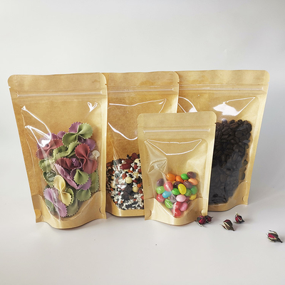 Buy Front Side Transparent Back Side Brown Kraft Bags Stand Up Kraft Pouches with Ziplock for Food Packaging Storage online manufacture