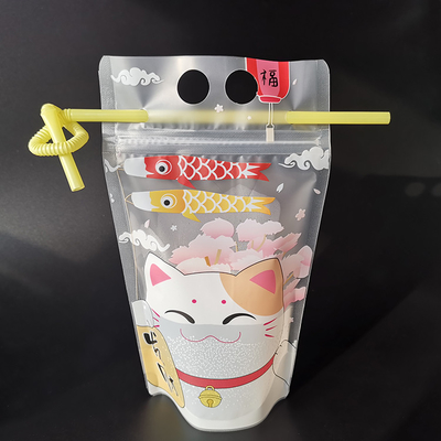 Pre-Printed Matte Clear Stand Up Drink Pouches with Hanging Holes and Colorful Straws