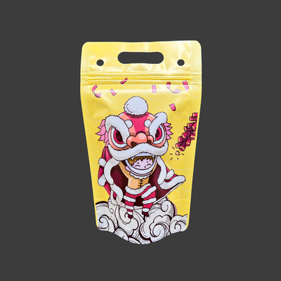 Heavy Duty Hand Held Stand Up Drink Pouches Bags With Zipper For Juice Cold Drinks Chinese Elements Line Dancing Design