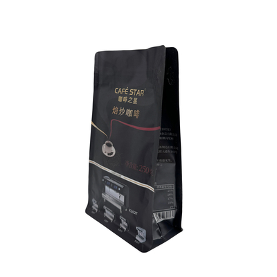 Luxury Black Aluminium Foil Lined 250g 8 Side Sealed Flat Box Bottom Coffee Bags With Valve And Rip Zipper