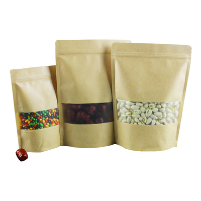 Water-proof Plastic Laminat Resealable Ziplock Brown Kraft Bags with Window for Storage Tea, Coffee Bean, Food Packaging