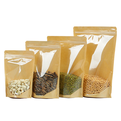 4.7x7.9 Inch Plastic Clear Front Brown Kraft Back Reclosable Stand Up Ziplock Pouch Bags Doypack For Food Packaging
